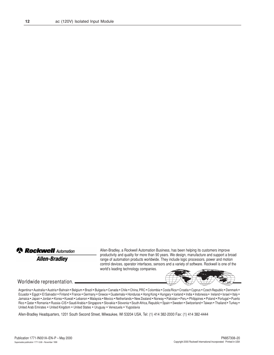 Worldwide representation | Rockwell Automation 1771-ID16GM Installation Instructions User Manual | Page 12 / 12