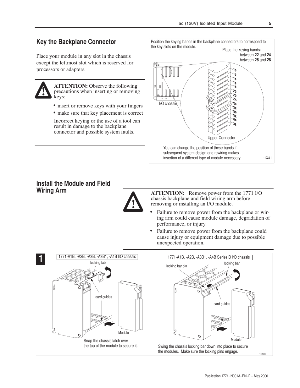 Key the backplane connector, Install the module and field wiring arm | Rockwell Automation 1771-ID16GM Installation Instructions User Manual | Page 5 / 12