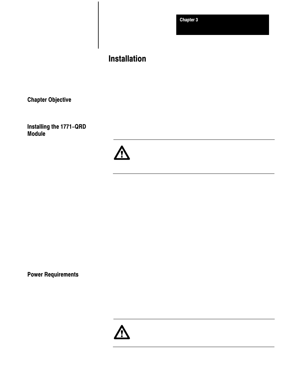 3 - installation, Chapter objective, Installing the 1771-qrd module | Power requirements, Installation | Rockwell Automation 1771-QRD PULS FLOWMTR User Manual | Page 12 / 44