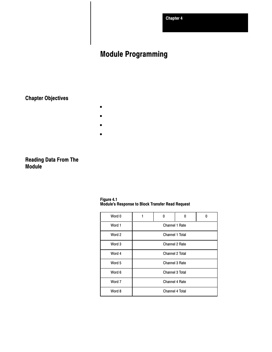 4 - module programming, Chapter objectives, Reading data from the module | Module programming, Chapter objectives reading data from the module | Rockwell Automation 1771-QRD PULS FLOWMTR User Manual | Page 19 / 44