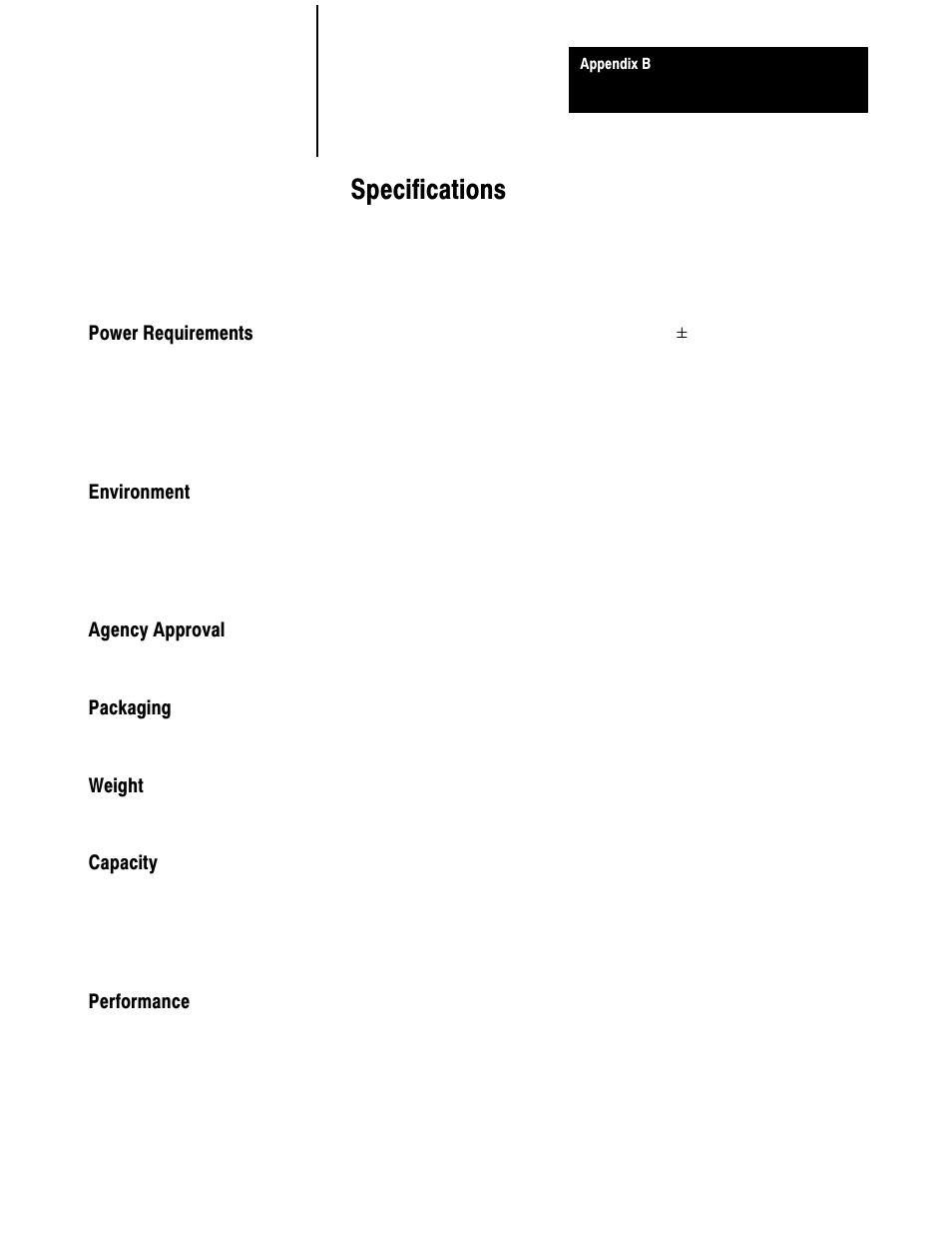 B - specifications, Power requirements, Environment | Agency approval, Packaging, Weight, Capacity, Performance, Specifications | Rockwell Automation 1771-QRD PULS FLOWMTR User Manual | Page 42 / 44
