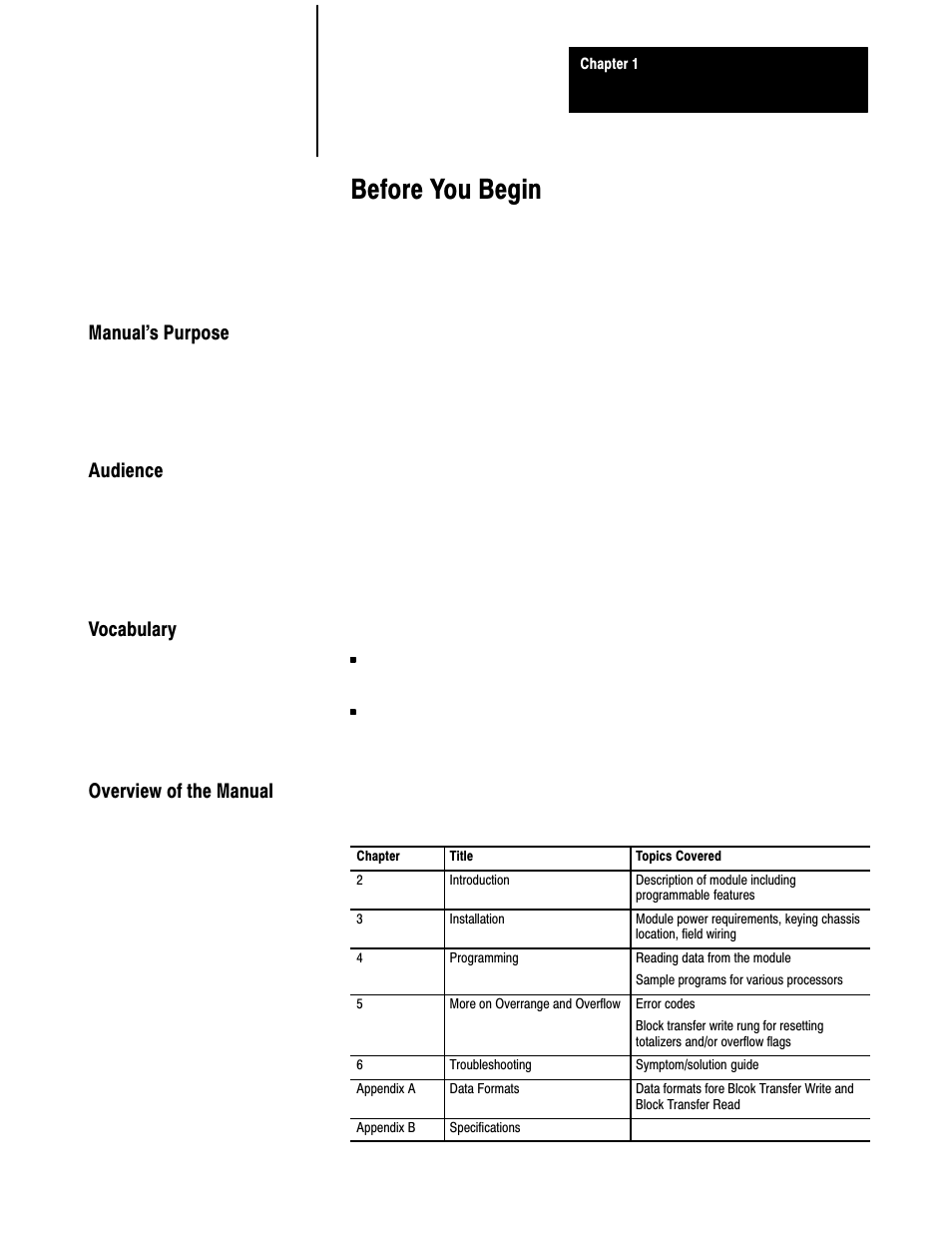 1 - before you begin, Manual's purpose, Audience | Vocabulary, Overview of the manual, Before you begin | Rockwell Automation 1771-QRD PULS FLOWMTR User Manual | Page 5 / 44