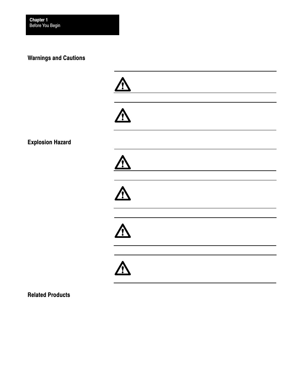 Warnings and cautions, Explosion hazard, Related products | Rockwell Automation 1771-QRD PULS FLOWMTR User Manual | Page 6 / 44