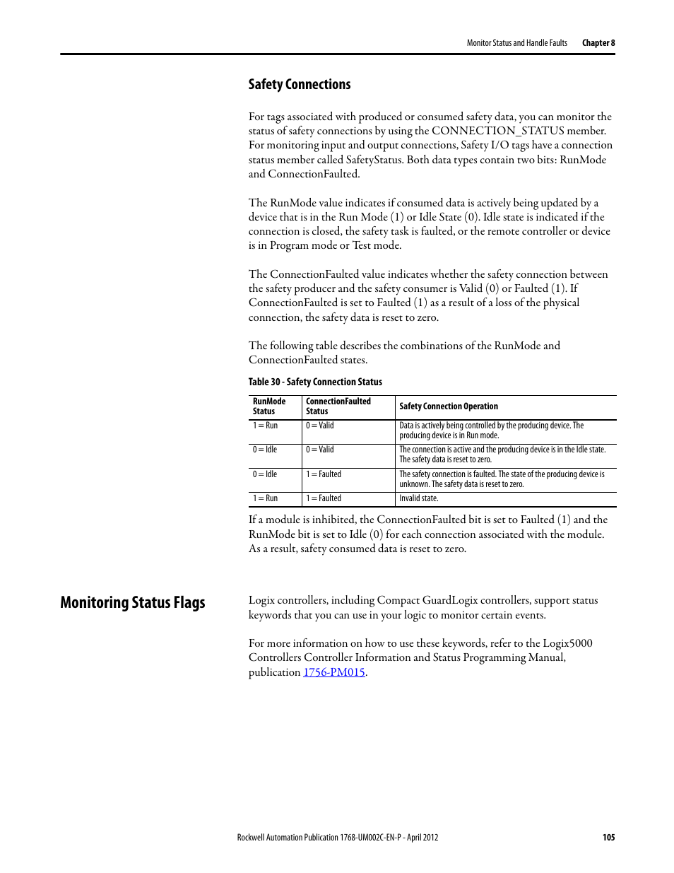 Safety connections, Monitoring status flags | Rockwell Automation 1768-L45S Compact GuardLogix Controllers User Manual | Page 105 / 136
