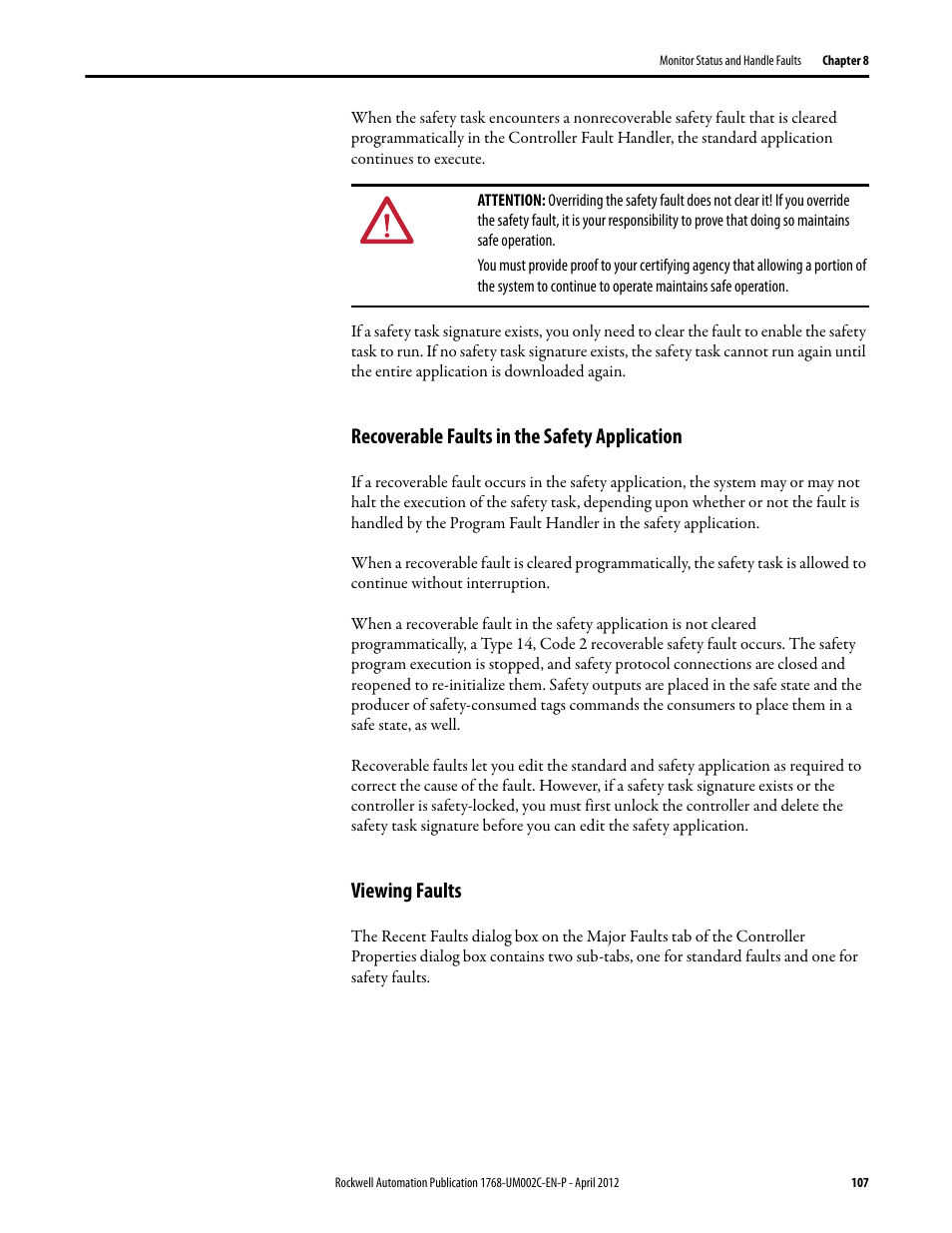 Recoverable faults in the safety application, Viewing faults | Rockwell Automation 1768-L45S Compact GuardLogix Controllers User Manual | Page 107 / 136