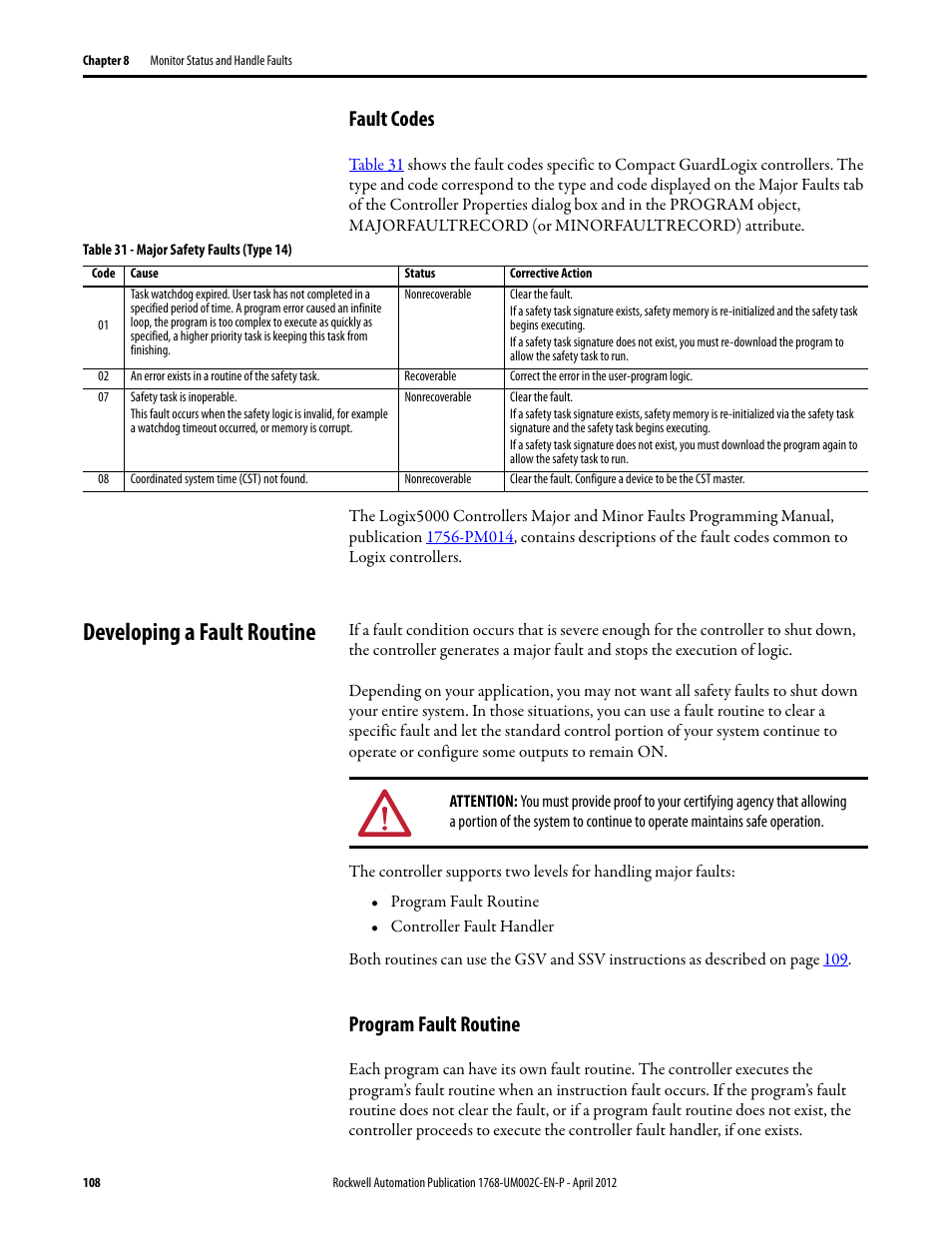 Fault codes, Developing a fault routine, Program fault routine | Rockwell Automation 1768-L45S Compact GuardLogix Controllers User Manual | Page 108 / 136