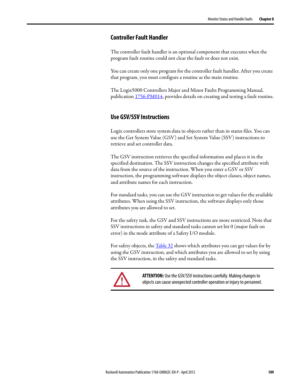 Controller fault handler, Use gsv/ssv instructions, Controller fault handler use gsv/ssv instructions | Rockwell Automation 1768-L45S Compact GuardLogix Controllers User Manual | Page 109 / 136