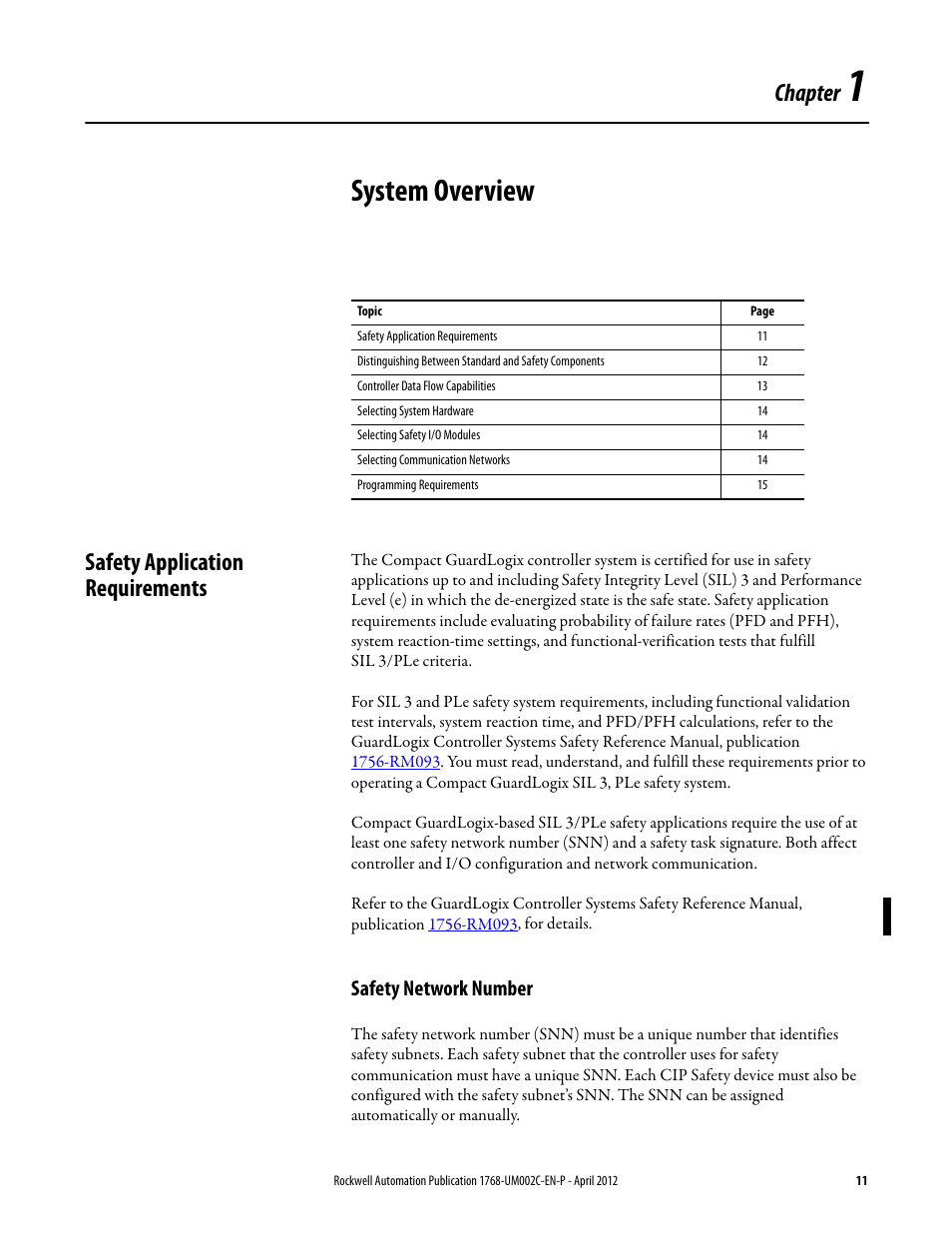 1 - system overview, Safety application requirements, Safety network number | Chapter 1, System overview, Chapter | Rockwell Automation 1768-L45S Compact GuardLogix Controllers User Manual | Page 11 / 136