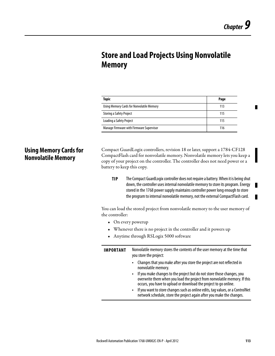 Using memory cards for nonvolatile memory, Chapter 9, Store and load projects using nonvolatile memory | Chapter | Rockwell Automation 1768-L45S Compact GuardLogix Controllers User Manual | Page 113 / 136