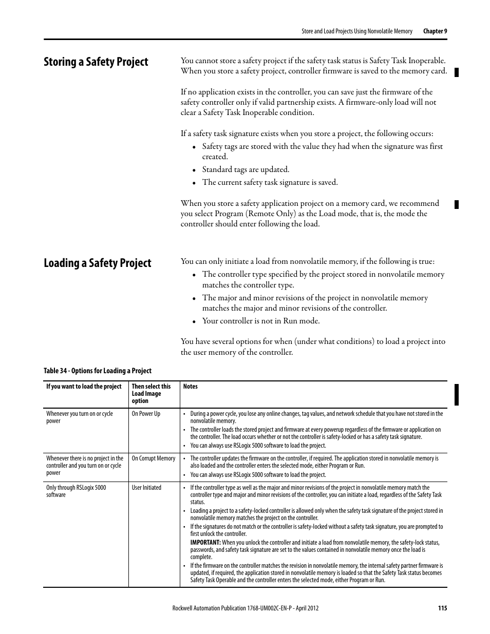 Storing a safety project, Loading a safety project, Storing a safety project loading a safety project | Rockwell Automation 1768-L45S Compact GuardLogix Controllers User Manual | Page 115 / 136