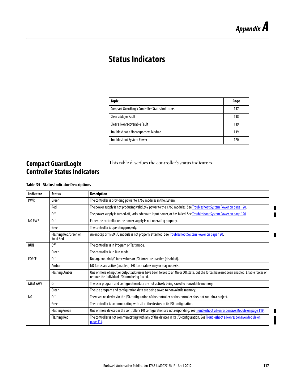 A - status indicators, Compact guardlogix controller status indicators, Appendix a | Status indicators, Appendix | Rockwell Automation 1768-L45S Compact GuardLogix Controllers User Manual | Page 117 / 136