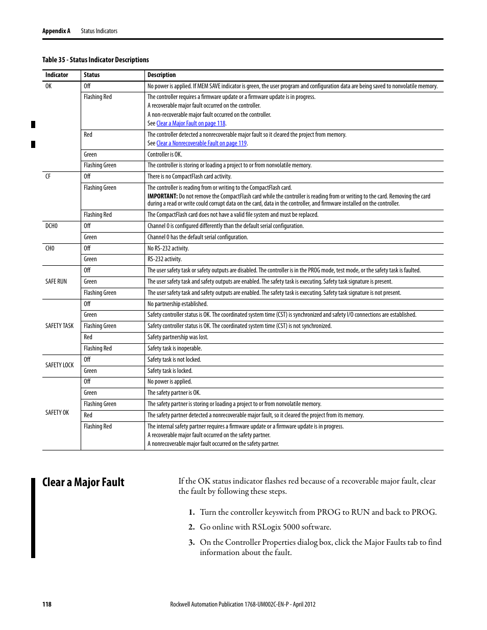 Clear a major fault | Rockwell Automation 1768-L45S Compact GuardLogix Controllers User Manual | Page 118 / 136