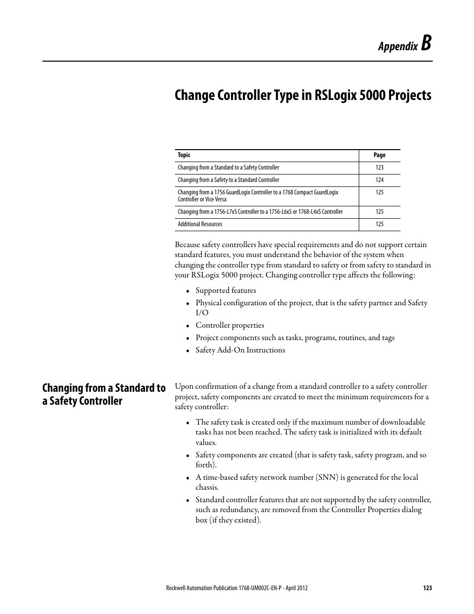 Changing from a standard to a safety controller, Appendix b, Change controller type in rslogix 5000 projects | Appendix | Rockwell Automation 1768-L45S Compact GuardLogix Controllers User Manual | Page 123 / 136