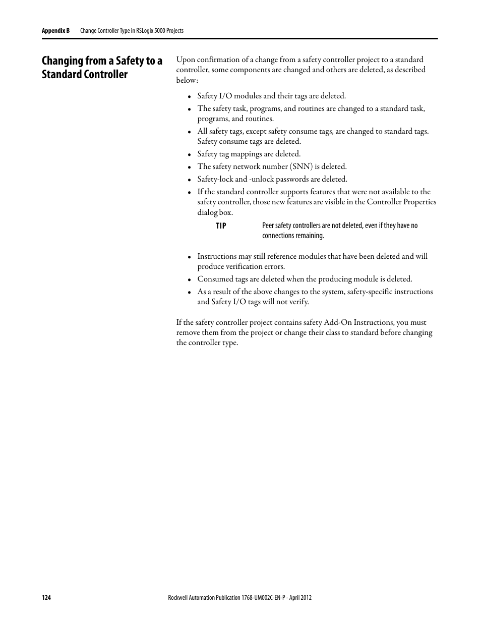 Changing from a safety to a standard controller | Rockwell Automation 1768-L45S Compact GuardLogix Controllers User Manual | Page 124 / 136