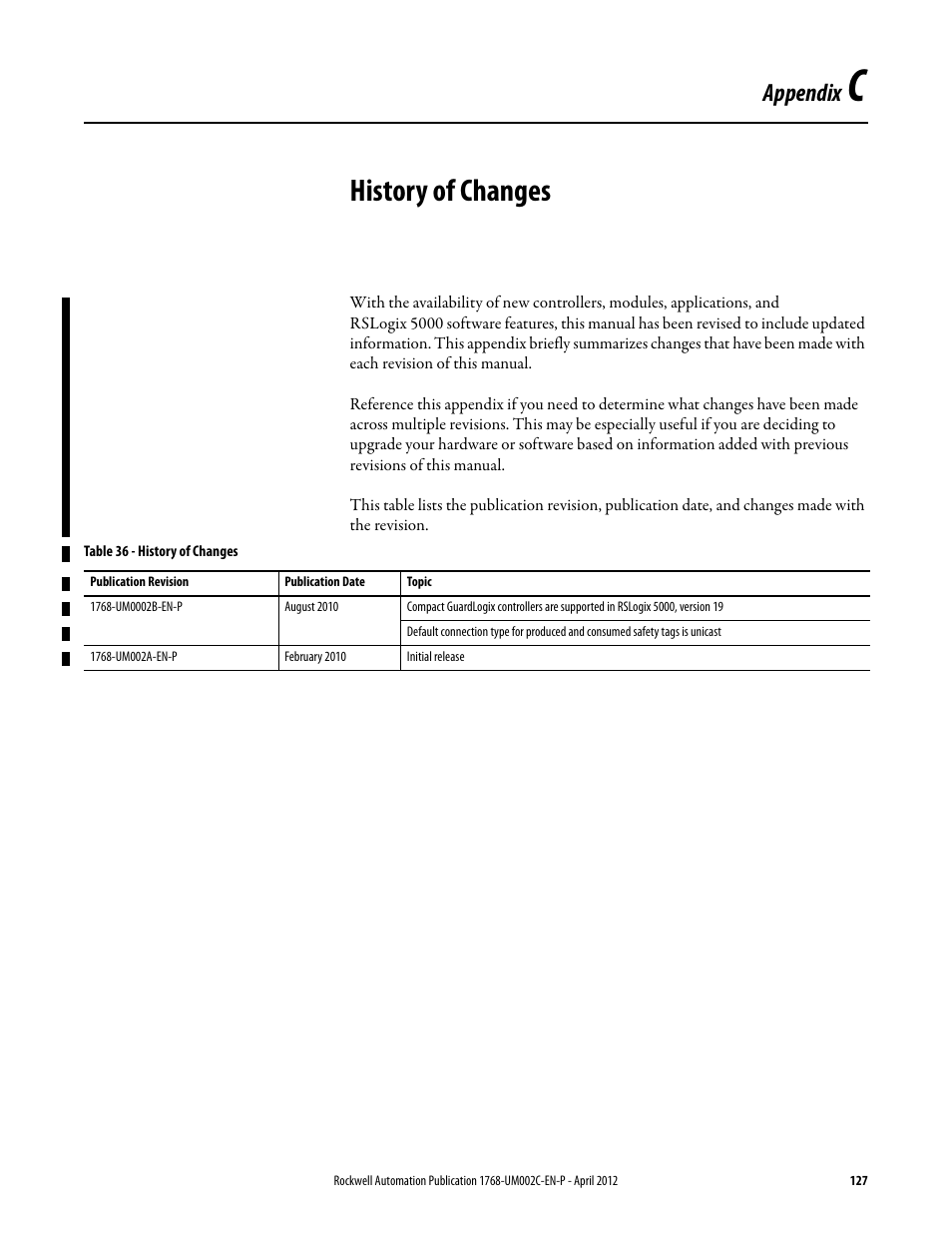 C - history of changes, Appendix c, History of changes | Appendix | Rockwell Automation 1768-L45S Compact GuardLogix Controllers User Manual | Page 127 / 136
