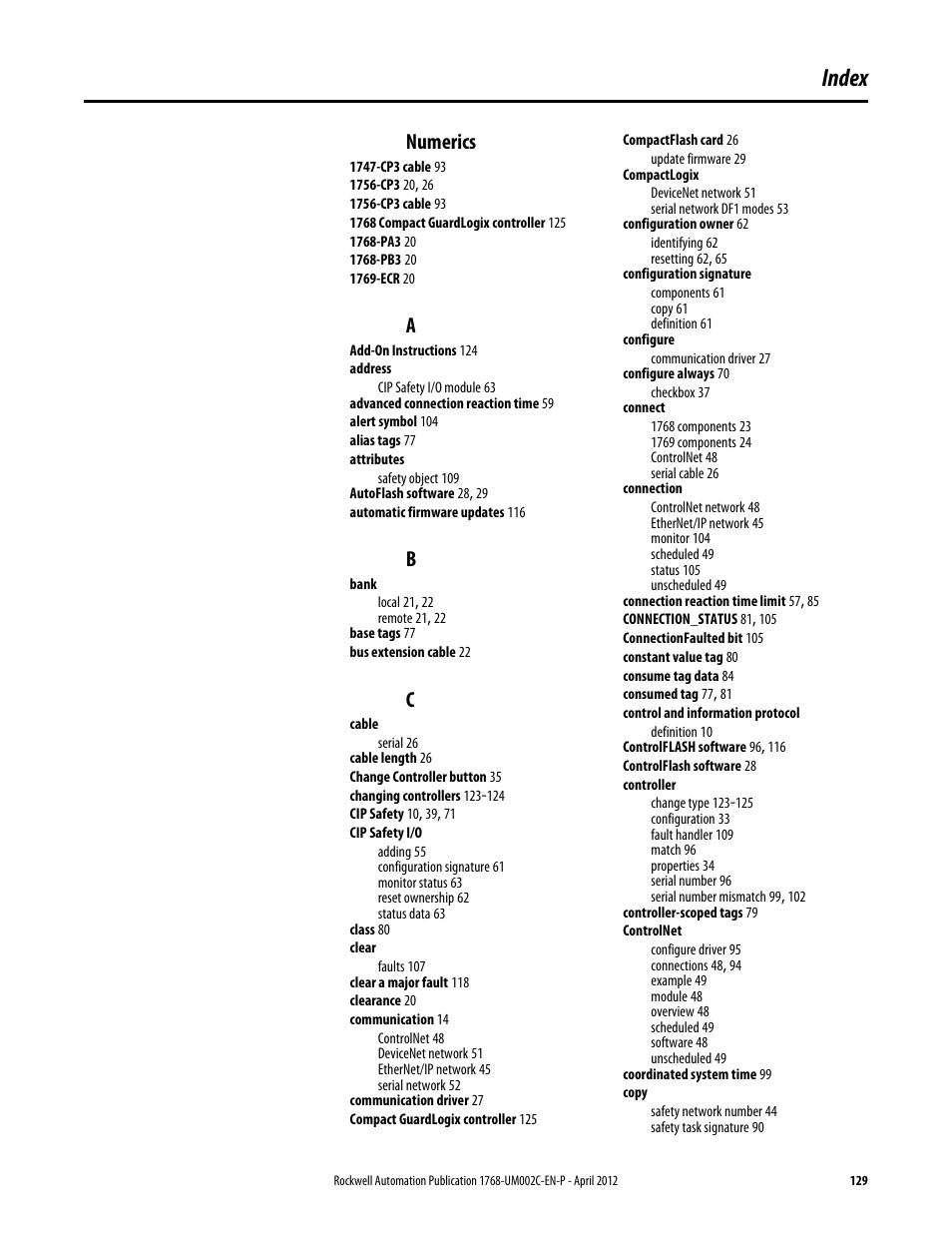 Index, Numerics | Rockwell Automation 1768-L45S Compact GuardLogix Controllers User Manual | Page 129 / 136