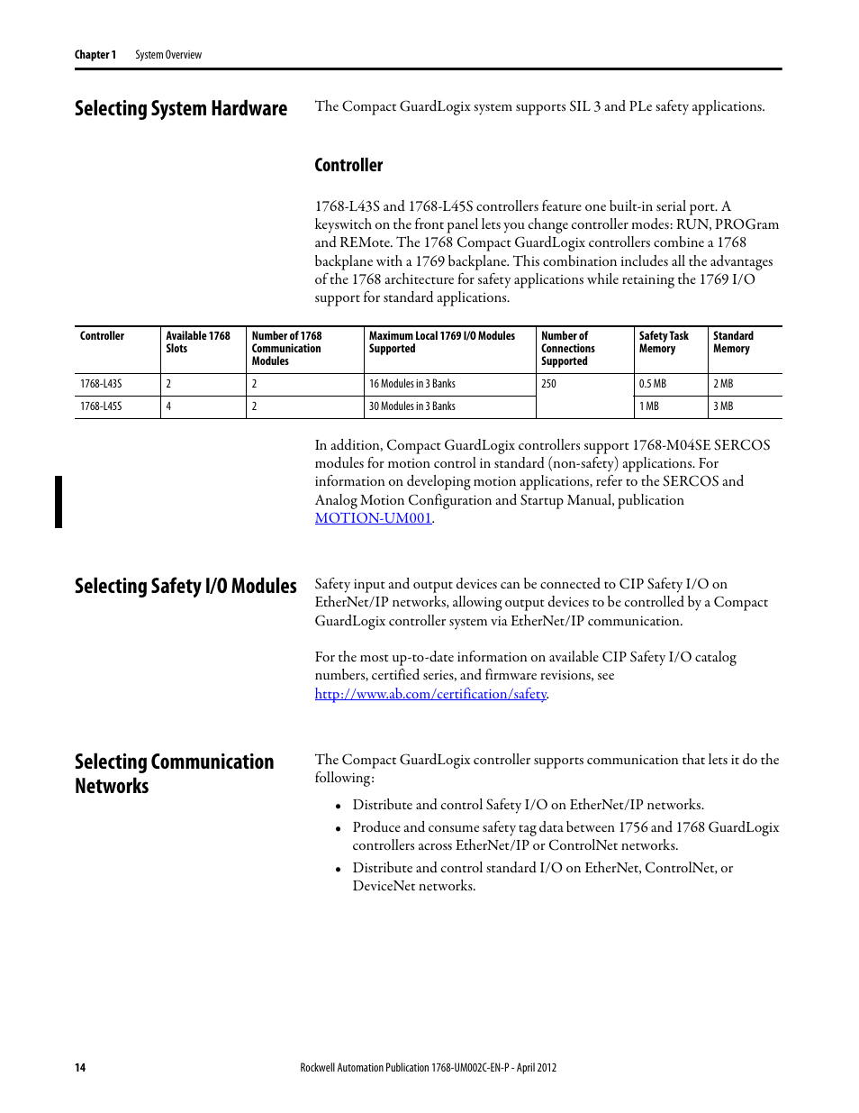 Selecting system hardware, Controller, Selecting safety i/o modules | Selecting communication networks | Rockwell Automation 1768-L45S Compact GuardLogix Controllers User Manual | Page 14 / 136