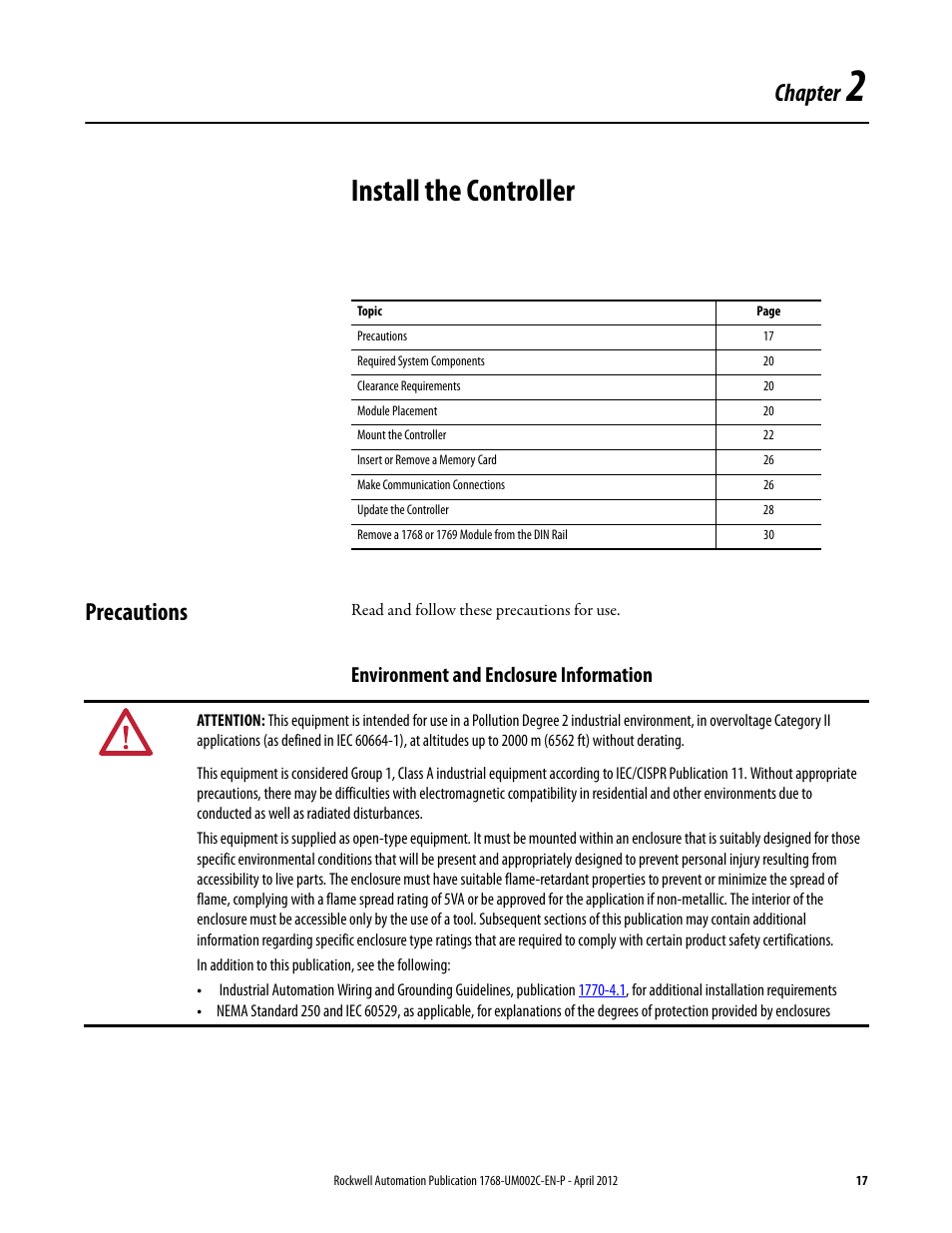 2 - install the controller, Precautions, Environment and enclosure information | Chapter 2, Install the controller, Chapter | Rockwell Automation 1768-L45S Compact GuardLogix Controllers User Manual | Page 17 / 136