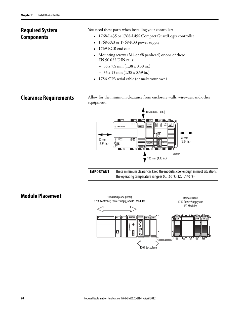 Required system components, Clearance requirements, Module placement | Rockwell Automation 1768-L45S Compact GuardLogix Controllers User Manual | Page 20 / 136