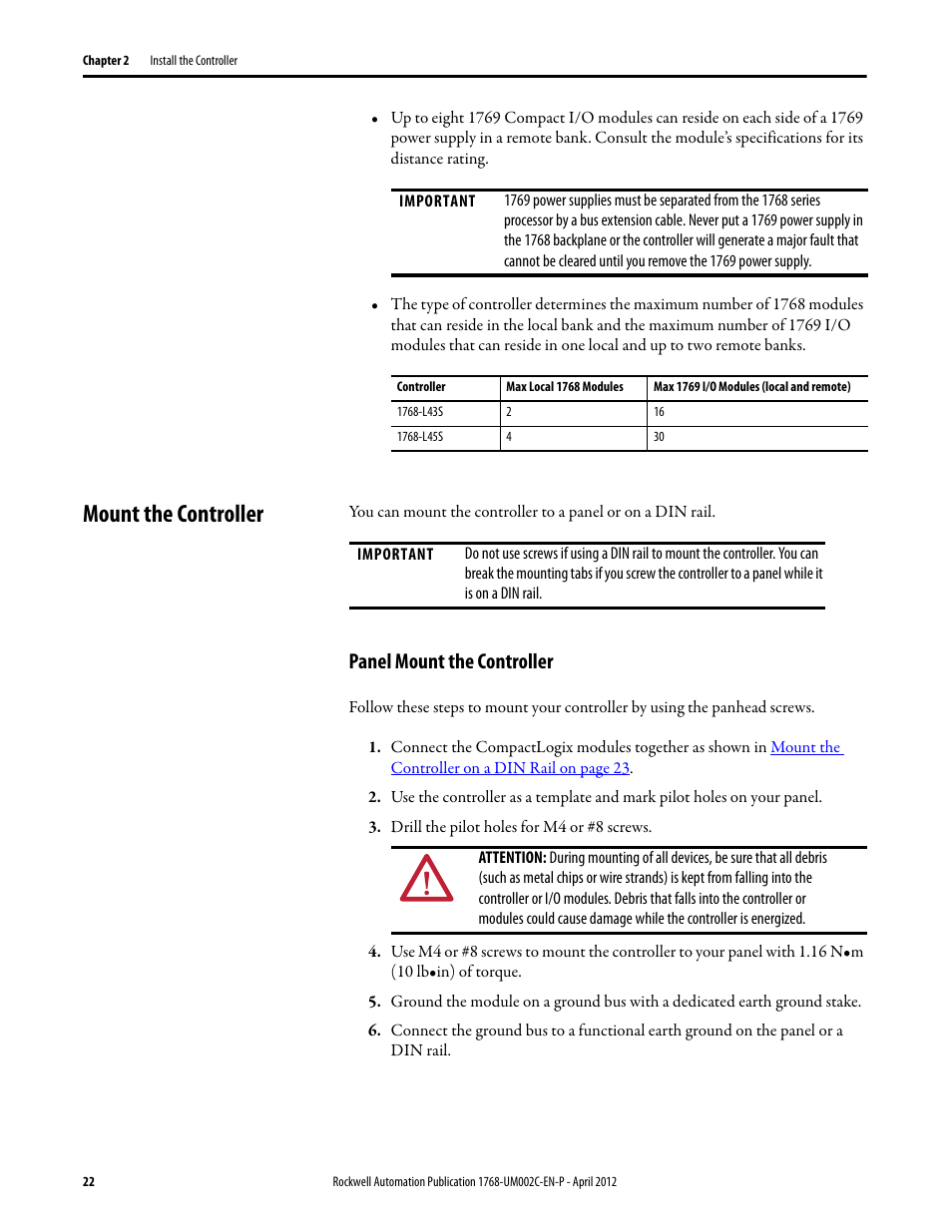 Mount the controller, Panel mount the controller | Rockwell Automation 1768-L45S Compact GuardLogix Controllers User Manual | Page 22 / 136