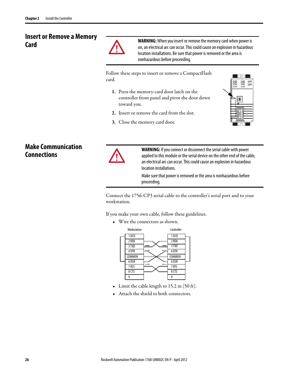 Insert or remove a memory card, Make communication connections | Rockwell Automation 1768-L45S Compact GuardLogix Controllers User Manual | Page 26 / 136