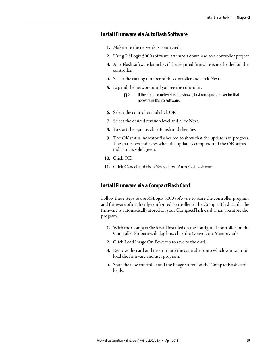 Install firmware via autoflash software, Install firmware via a compactflash card | Rockwell Automation 1768-L45S Compact GuardLogix Controllers User Manual | Page 29 / 136