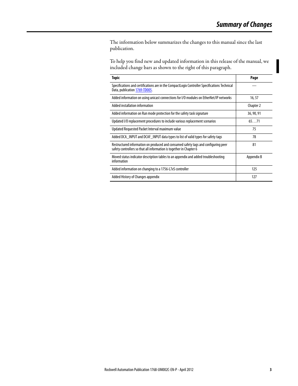 Summary of changes | Rockwell Automation 1768-L45S Compact GuardLogix Controllers User Manual | Page 3 / 136