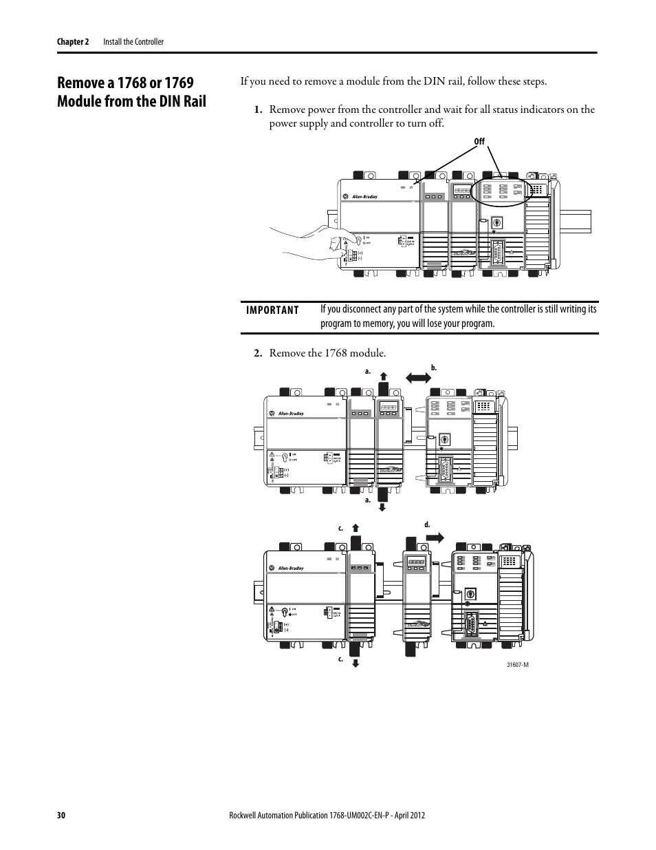 Remove a 1768 or 1769 module from the din rail | Rockwell Automation 1768-L45S Compact GuardLogix Controllers User Manual | Page 30 / 136