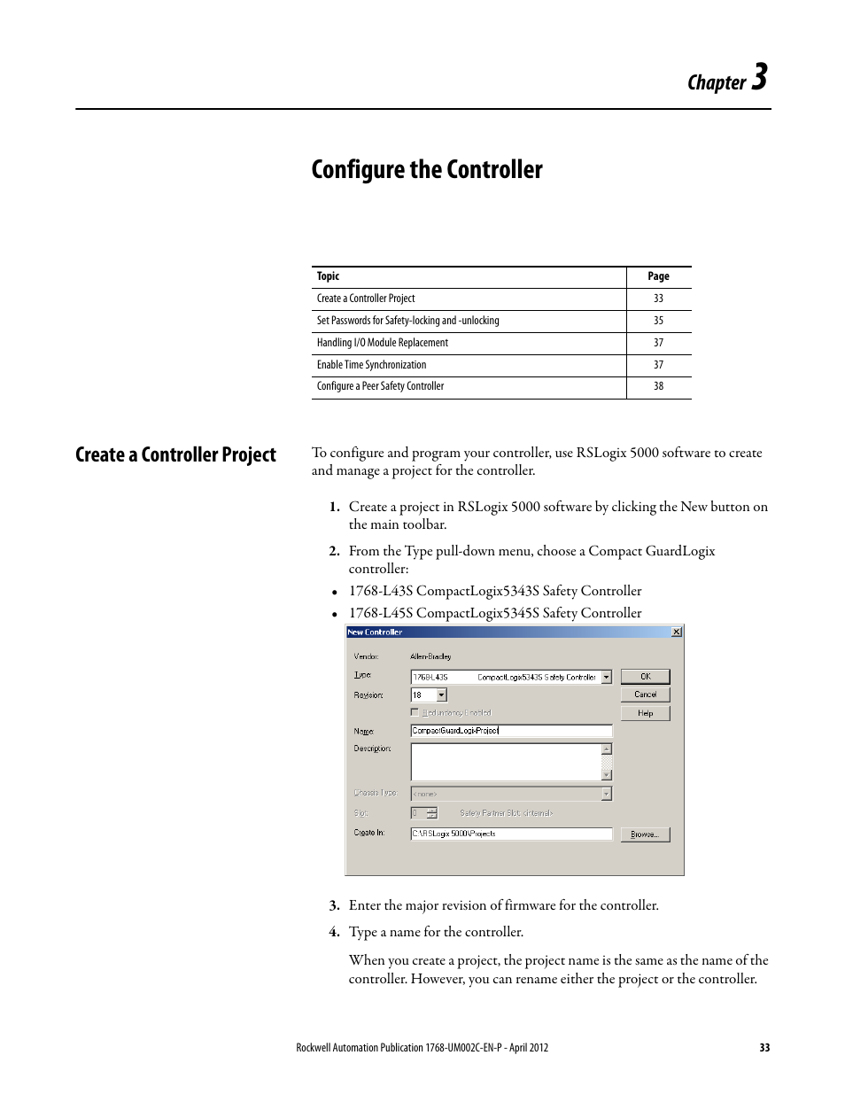 3 - configure the controller, Create a controller project, Chapter 3 | Configure the controller, Chapter | Rockwell Automation 1768-L45S Compact GuardLogix Controllers User Manual | Page 33 / 136