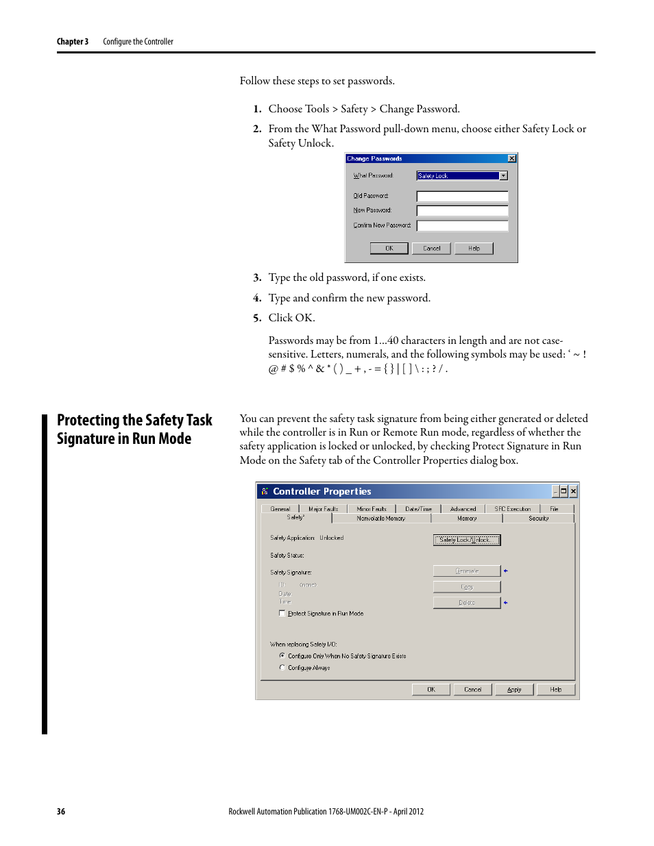 Protecting the safety task signature in run mode | Rockwell Automation 1768-L45S Compact GuardLogix Controllers User Manual | Page 36 / 136