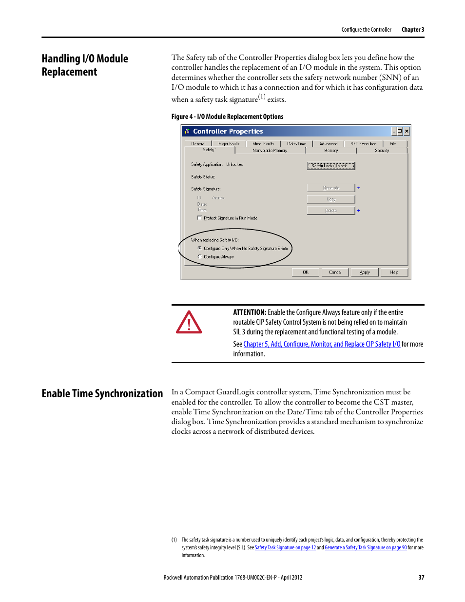 Handling i/o module replacement, Enable time synchronization | Rockwell Automation 1768-L45S Compact GuardLogix Controllers User Manual | Page 37 / 136