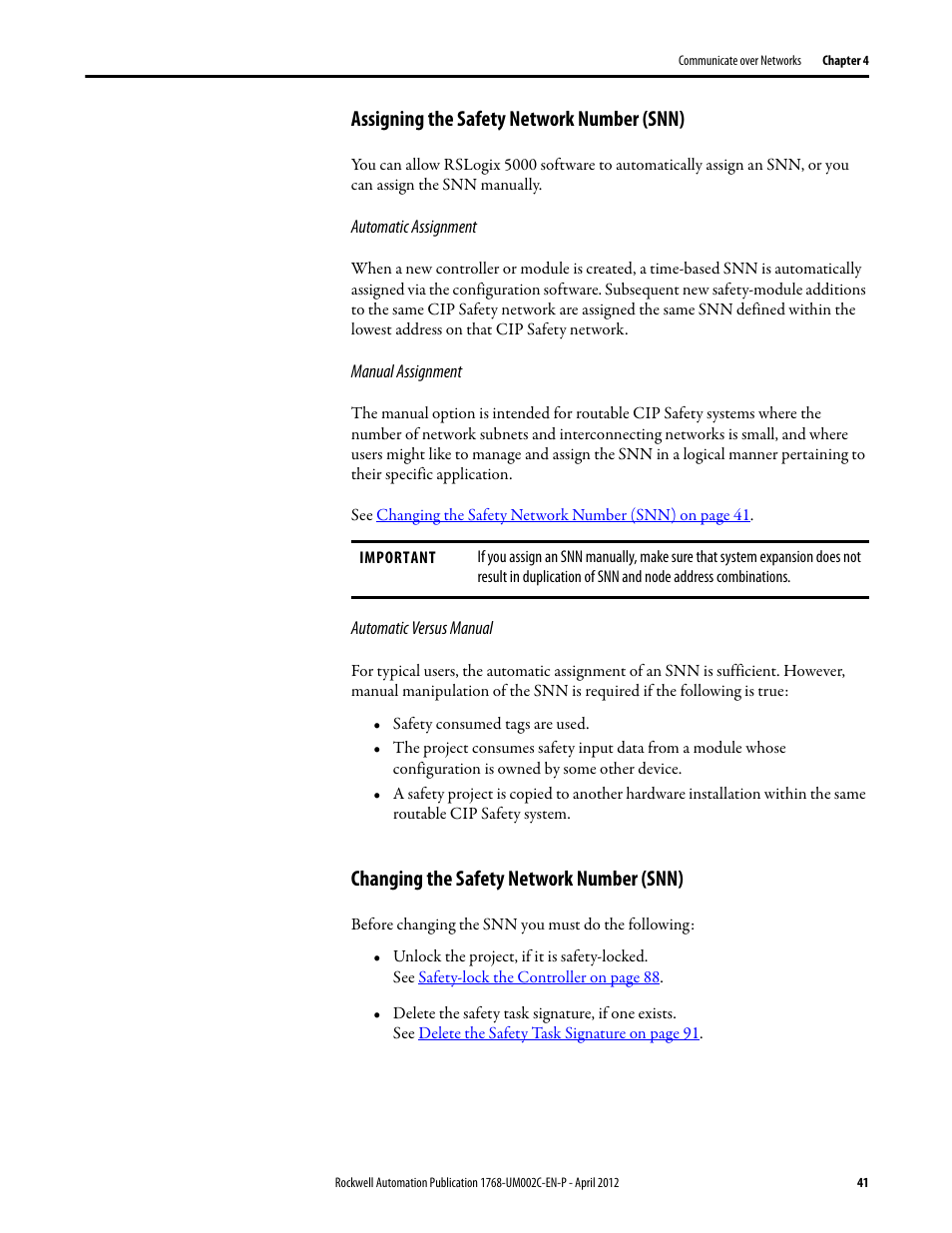 Assigning the safety network number (snn), Changing the safety network number (snn) | Rockwell Automation 1768-L45S Compact GuardLogix Controllers User Manual | Page 41 / 136