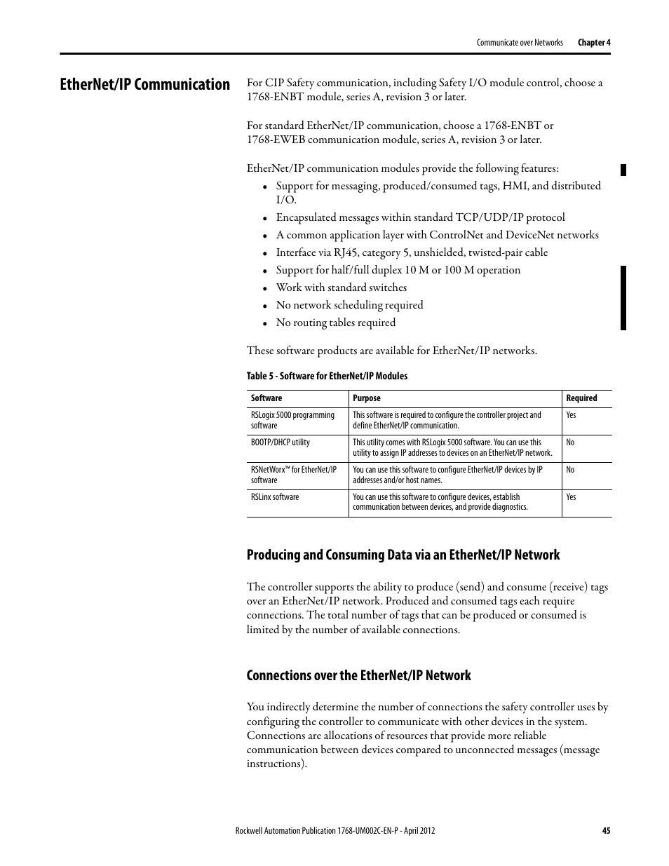 Ethernet/ip communication, Connections over the ethernet/ip network | Rockwell Automation 1768-L45S Compact GuardLogix Controllers User Manual | Page 45 / 136