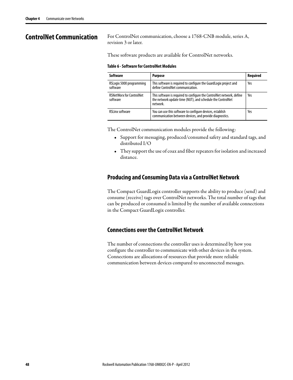 Controlnet communication, Connections over the controlnet network | Rockwell Automation 1768-L45S Compact GuardLogix Controllers User Manual | Page 48 / 136