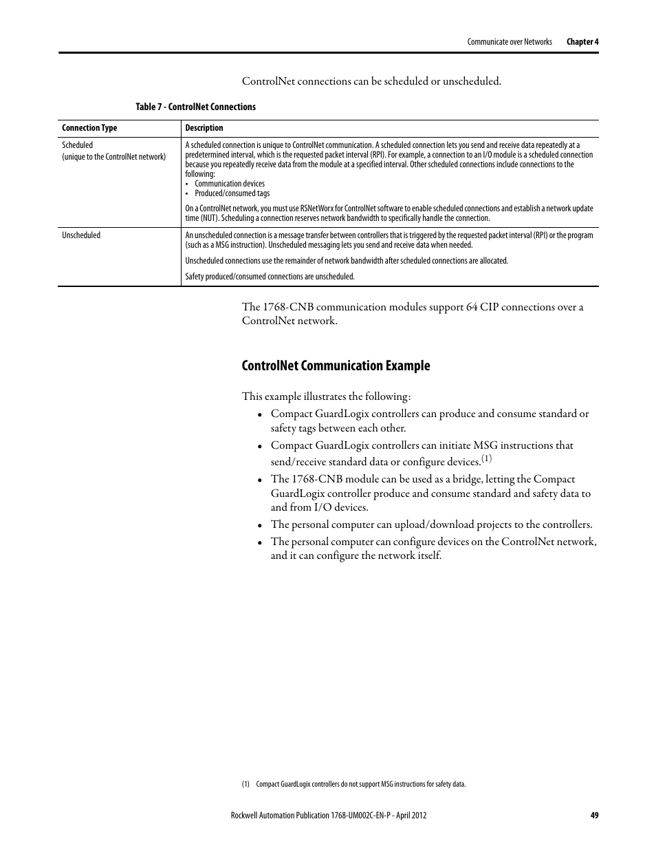 Controlnet communication example | Rockwell Automation 1768-L45S Compact GuardLogix Controllers User Manual | Page 49 / 136