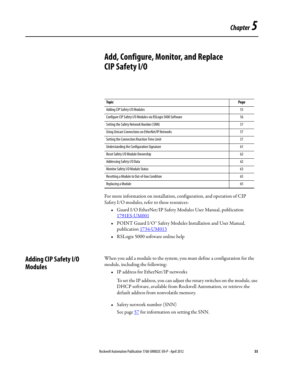 Adding cip safety i/o modules, Chapter 5, Configure, monitor, and replace cip safety i/o | Chapter | Rockwell Automation 1768-L45S Compact GuardLogix Controllers User Manual | Page 55 / 136