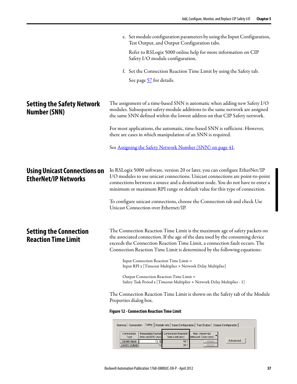 Setting the safety network number (snn), Using unicast connections on ethernet/ip networks, Setting the connection reaction time limit | For in, For det | Rockwell Automation 1768-L45S Compact GuardLogix Controllers User Manual | Page 57 / 136