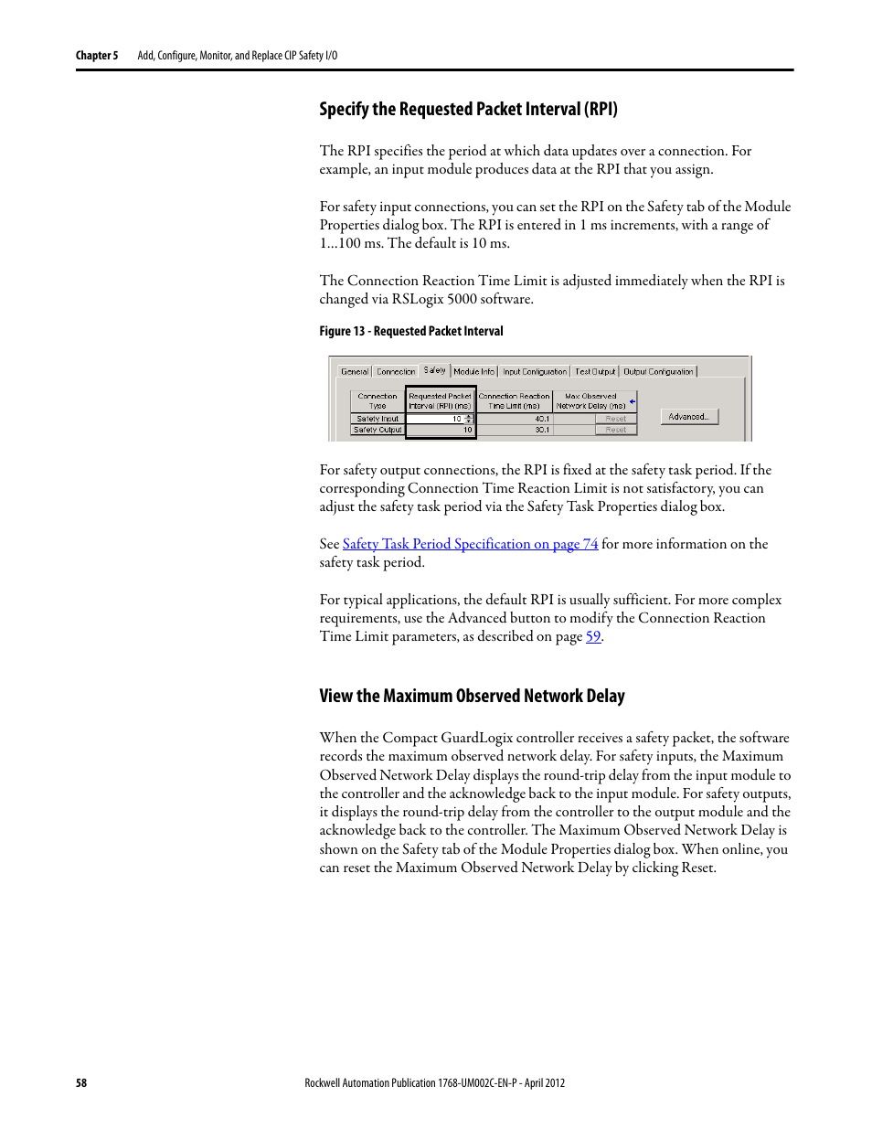 Specify the requested packet interval (rpi), View the maximum observed network delay | Rockwell Automation 1768-L45S Compact GuardLogix Controllers User Manual | Page 58 / 136