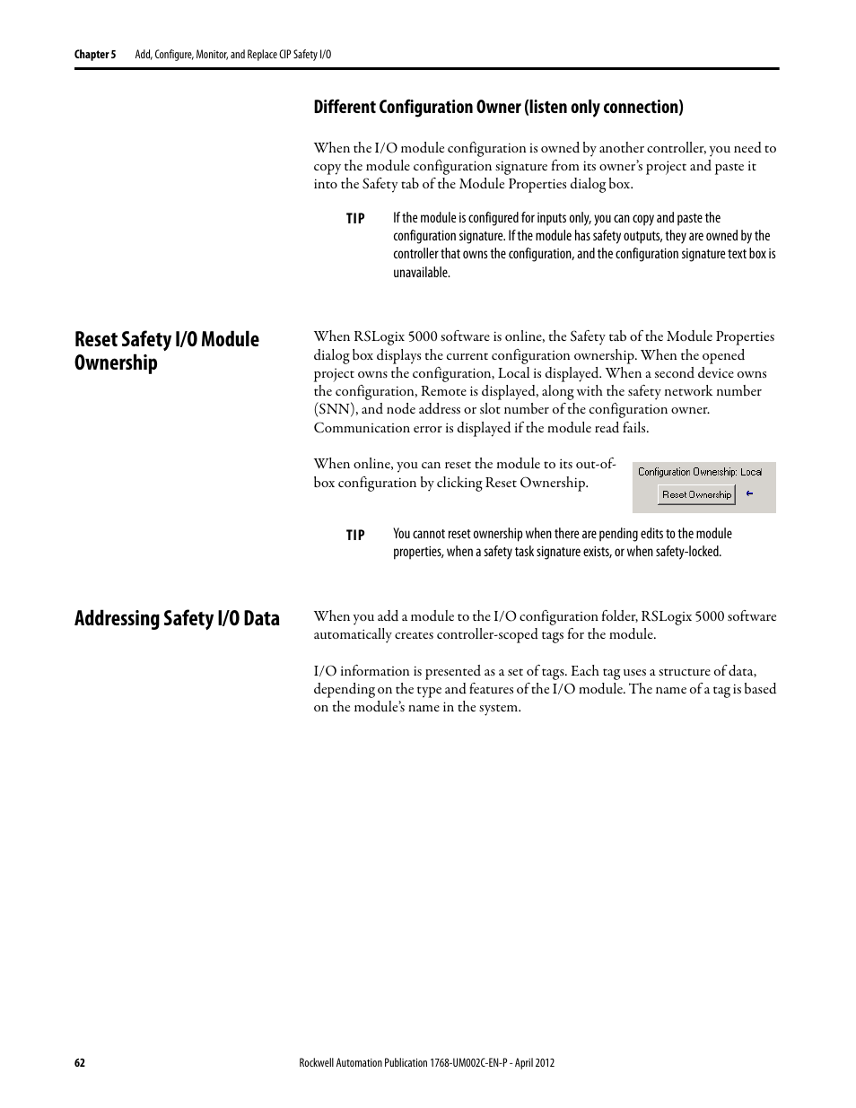 Reset safety i/o module ownership, Addressing safety i/o data | Rockwell Automation 1768-L45S Compact GuardLogix Controllers User Manual | Page 62 / 136