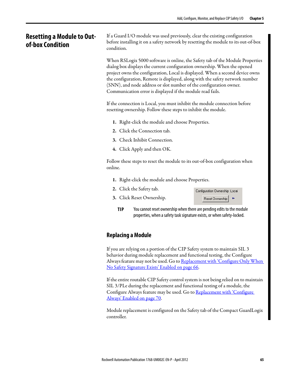 Resetting a module to out- of-box condition, Replacing a module, Resetting a module to out-of-box condition | Rockwell Automation 1768-L45S Compact GuardLogix Controllers User Manual | Page 65 / 136