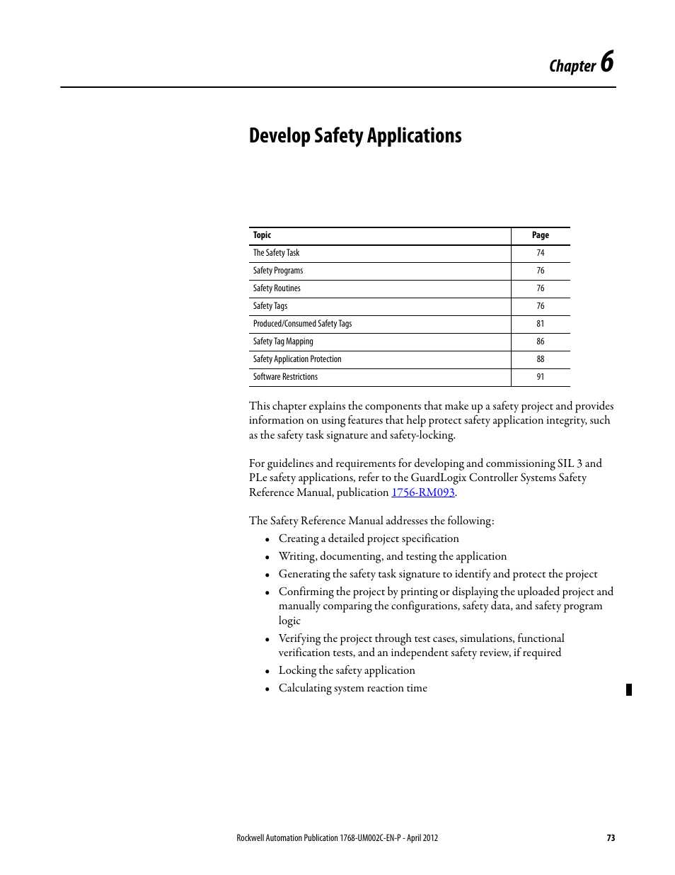 6 - develop safety applications, Chapter 6, Develop safety applications | Chapter | Rockwell Automation 1768-L45S Compact GuardLogix Controllers User Manual | Page 73 / 136