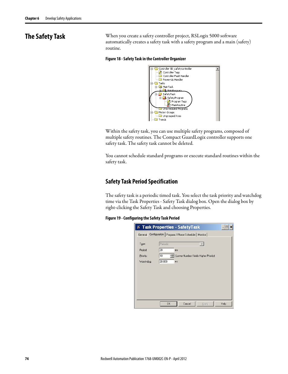 The safety task, Safety task period specification | Rockwell Automation 1768-L45S Compact GuardLogix Controllers User Manual | Page 74 / 136