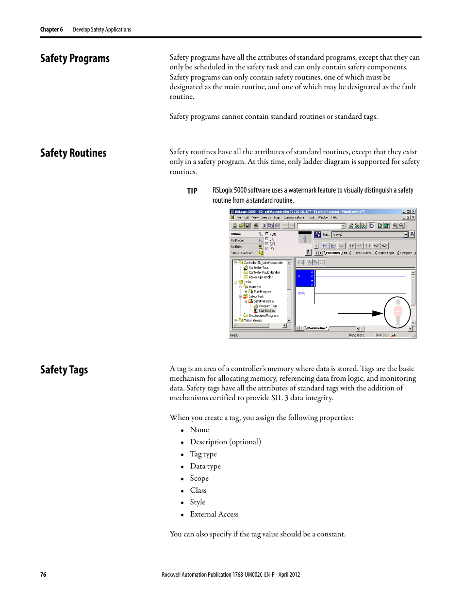 Safety programs, Safety routines, Safety tags | Safety programs safety routines safety tags | Rockwell Automation 1768-L45S Compact GuardLogix Controllers User Manual | Page 76 / 136