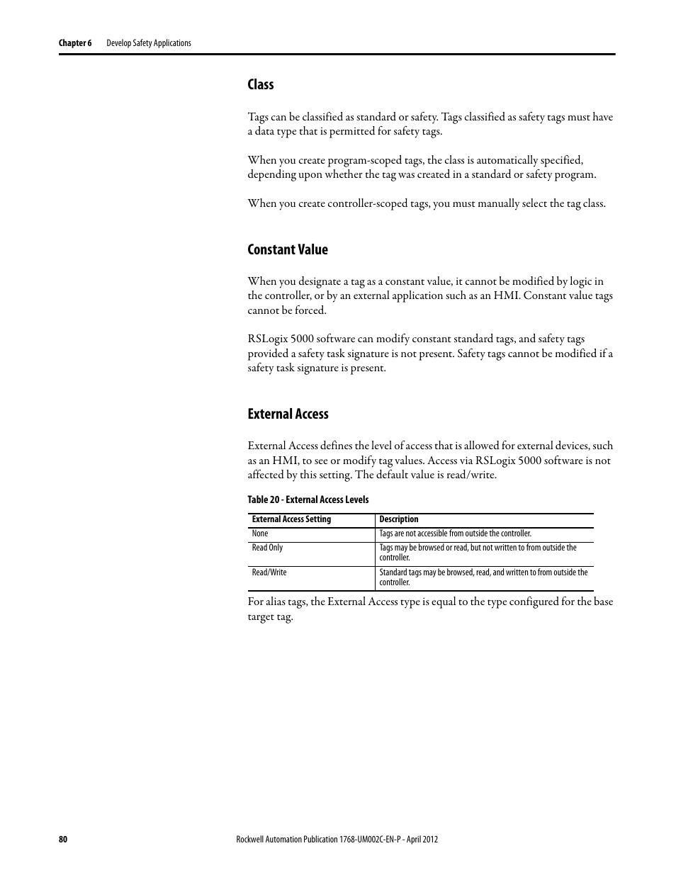Class, Constant value, External access | Class constant value external access | Rockwell Automation 1768-L45S Compact GuardLogix Controllers User Manual | Page 80 / 136