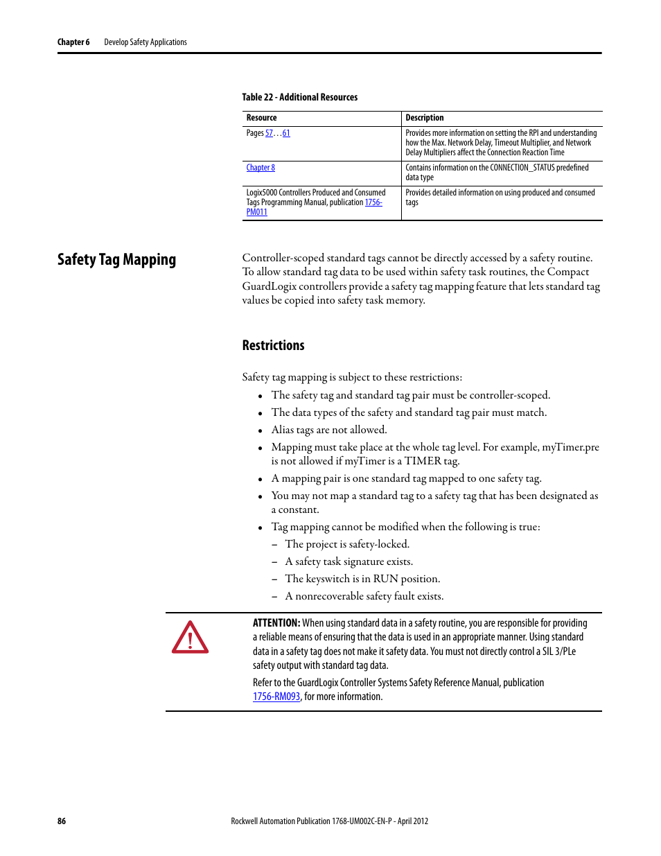 Safety tag mapping, Restrictions, Safety tag | Rockwell Automation 1768-L45S Compact GuardLogix Controllers User Manual | Page 86 / 136