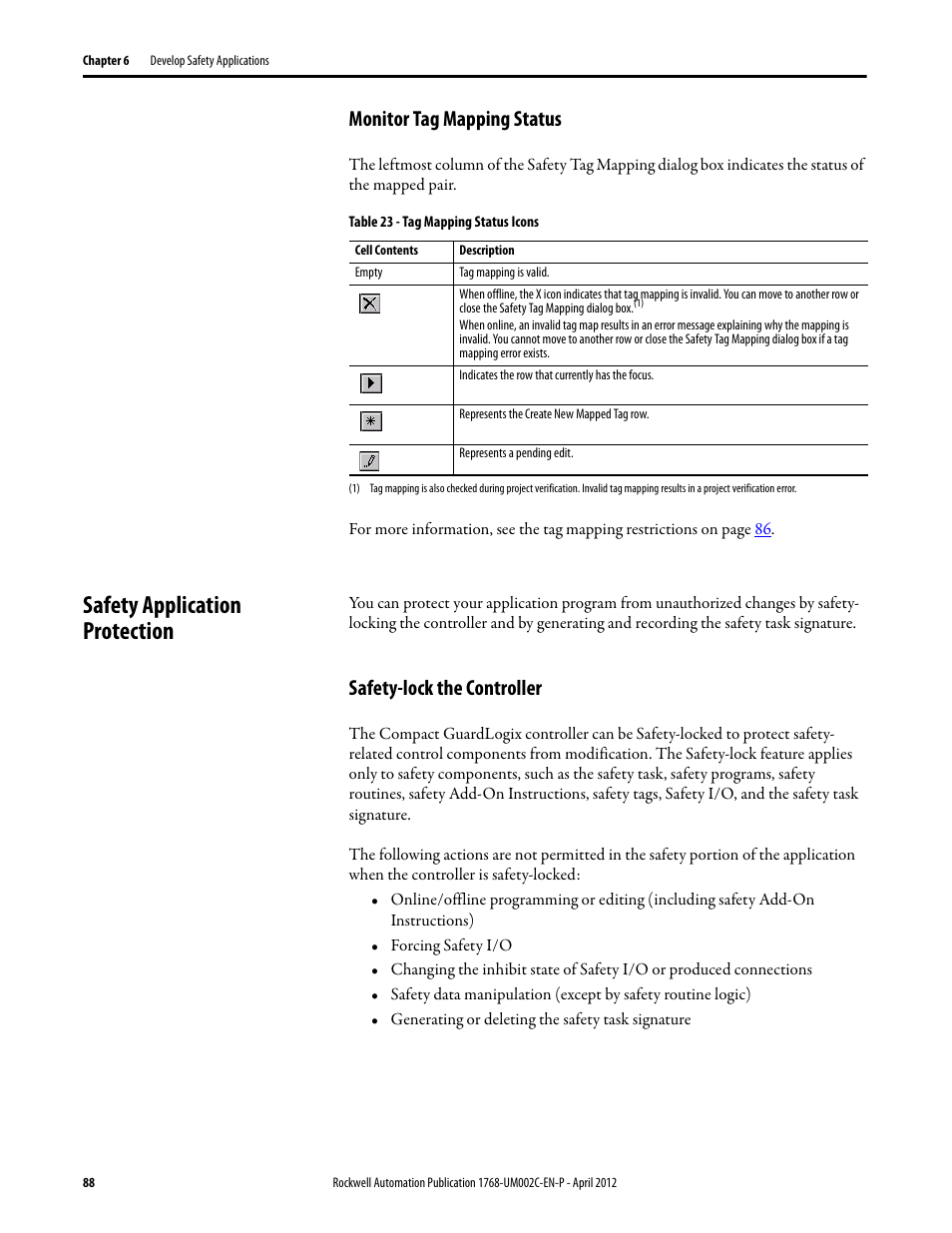 Monitor tag mapping status, Safety application protection, Safety-lock the controller | Rockwell Automation 1768-L45S Compact GuardLogix Controllers User Manual | Page 88 / 136