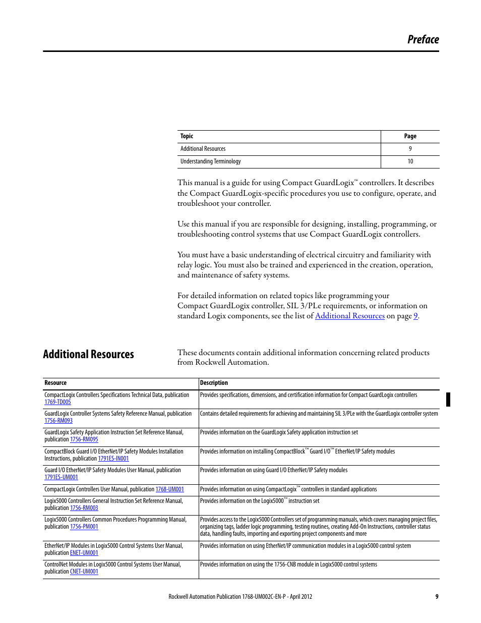 Preface, Additional resources | Rockwell Automation 1768-L45S Compact GuardLogix Controllers User Manual | Page 9 / 136