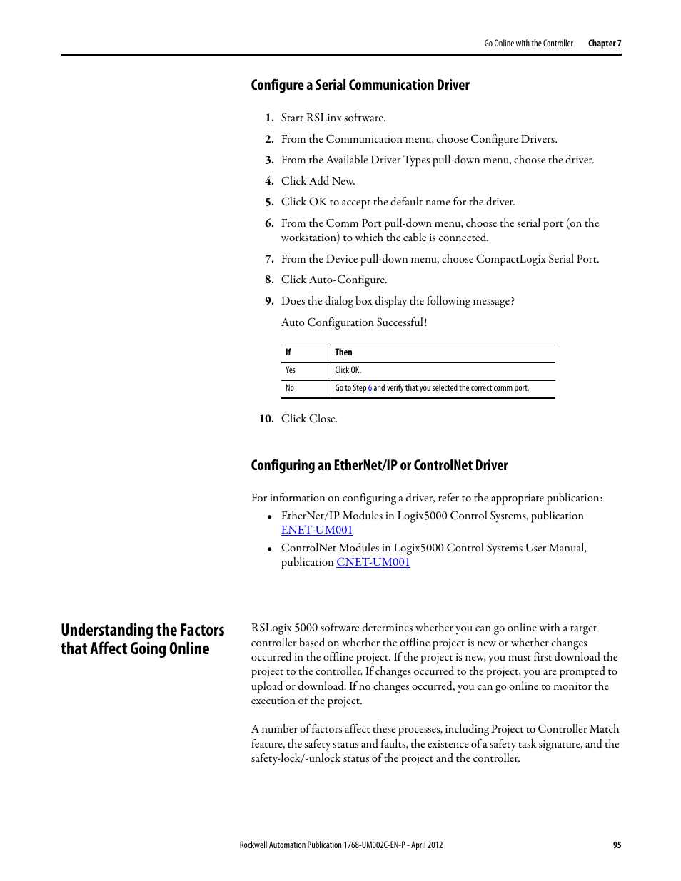 Configure a serial communication driver, Configuring an ethernet/ip or controlnet driver, Understanding the factors that affect going online | Rockwell Automation 1768-L45S Compact GuardLogix Controllers User Manual | Page 95 / 136