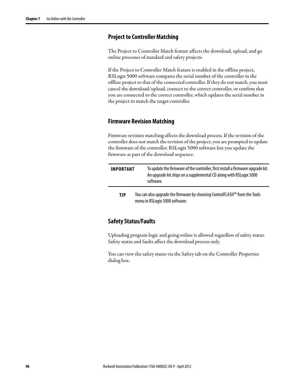 Project to controller matching, Firmware revision matching, Safety status/faults | Rockwell Automation 1768-L45S Compact GuardLogix Controllers User Manual | Page 96 / 136