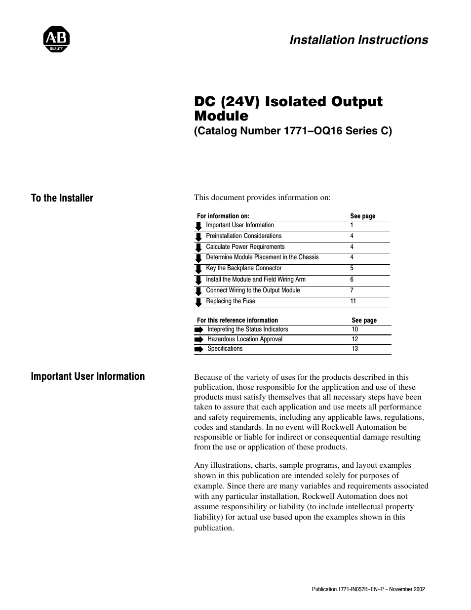 Rockwell Automation 1771-OQ16/C Isolated Output Module Installation Instr User Manual | 16 pages